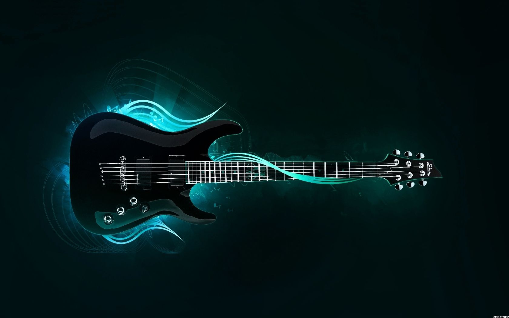 Black guitar with neon blue cosmic rays wrapping around the body of the guitar