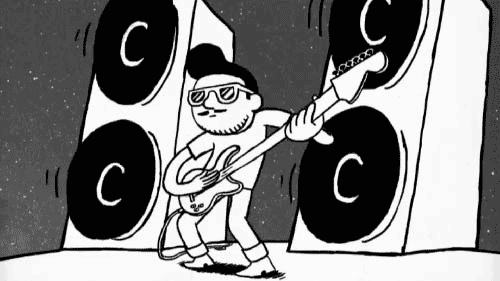 Cartoon guitarist playing rock with the speakers vibrating in the background